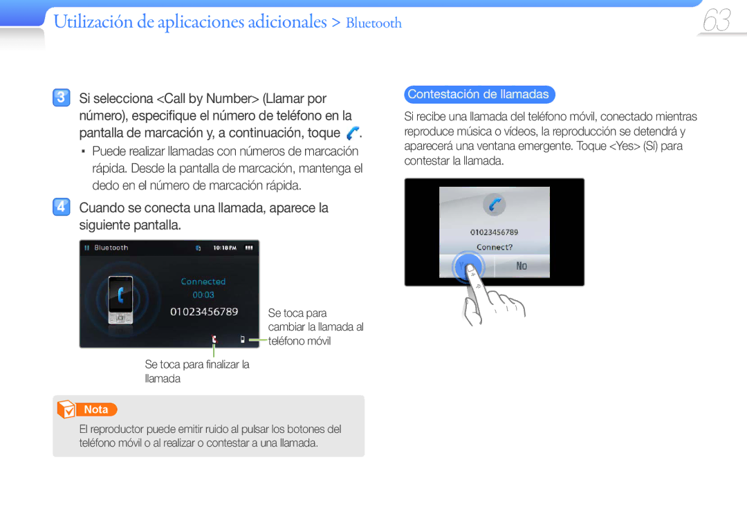 Samsung YP-R1JCB/EDC, YP-R1JEP/EDC Cuando se conecta una llamada, aparece la siguiente pantalla, Contestación de llamadas 