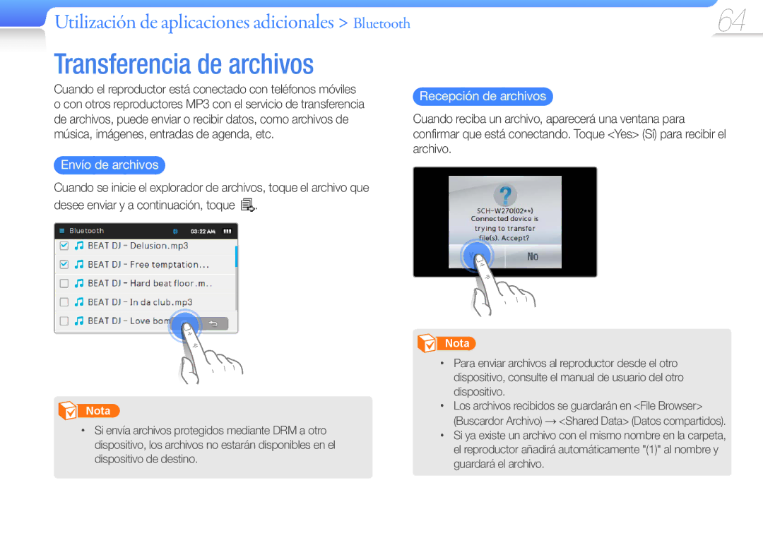 Samsung YP-R1JEP/EDC, YP-R1JCB/EDC, YP-R1JEB/EDC manual Transferencia de archivos, Envío de archivos, Recepción de archivos 