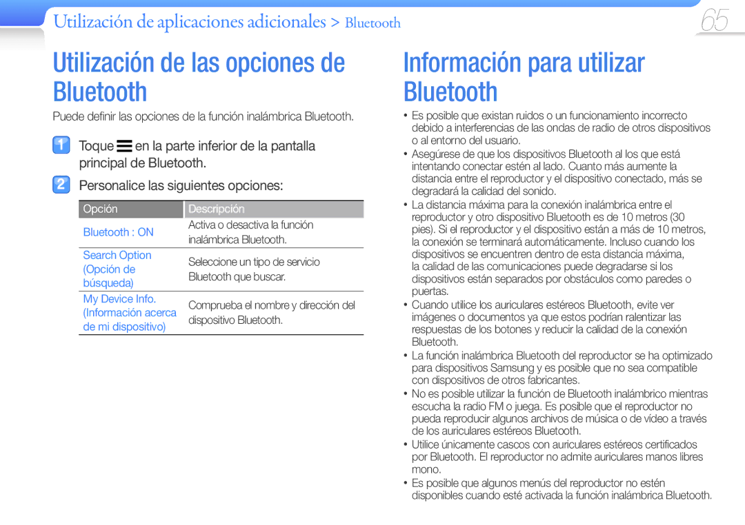 Samsung YP-R1JEB/EDC, YP-R1JCB/EDC manual Utilización de las opciones de Bluetooth, Información para utilizar Bluetooth 