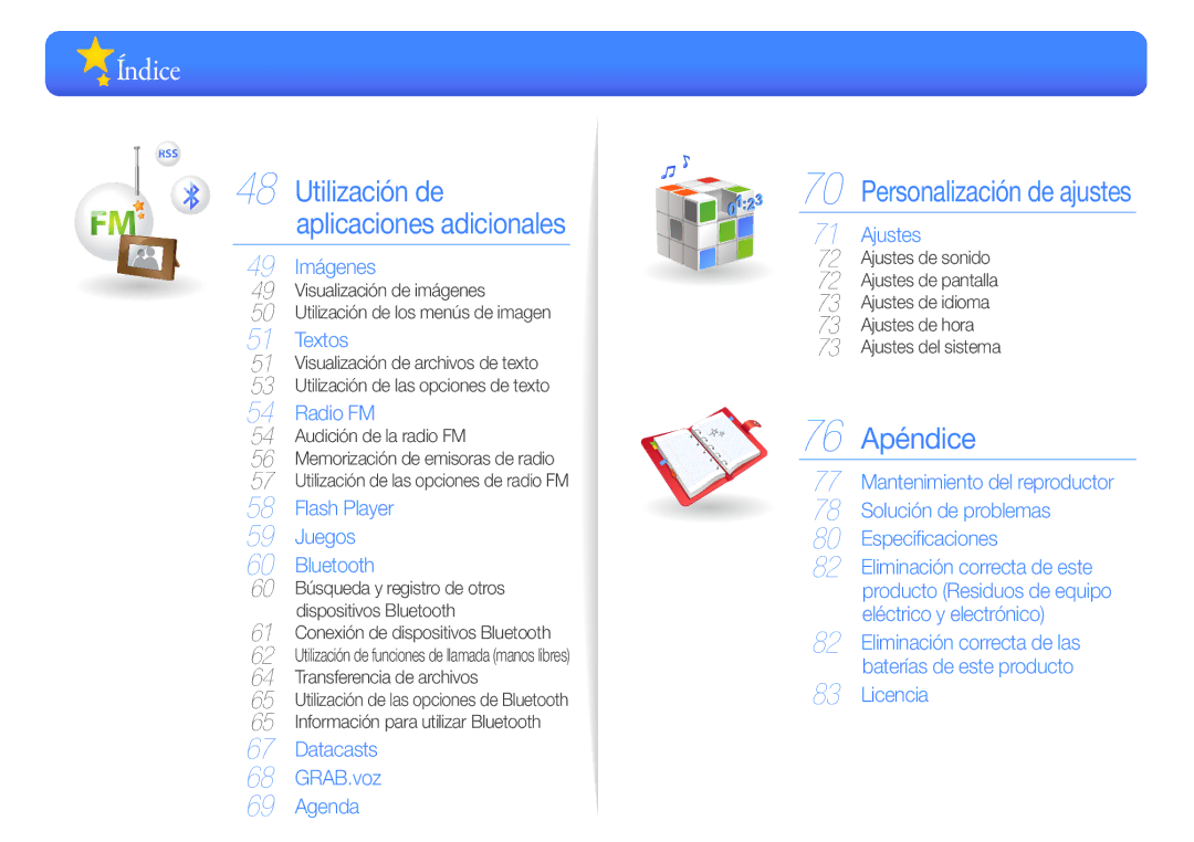 Samsung YP-R1JEB/EDC, YP-R1JCB/EDC, YP-R1JEP/EDC, YP-R1JES/XEF, YP-R1JCP/EDC manual Índice 