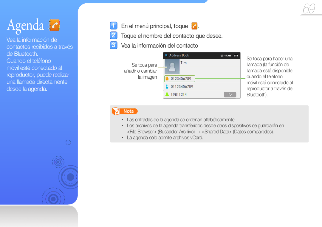 Samsung YP-R1JEP/EDC, YP-R1JCB/EDC, YP-R1JEB/EDC, YP-R1JES/XEF Agenda, Las entradas de la agenda se ordenan alfabéticamente 