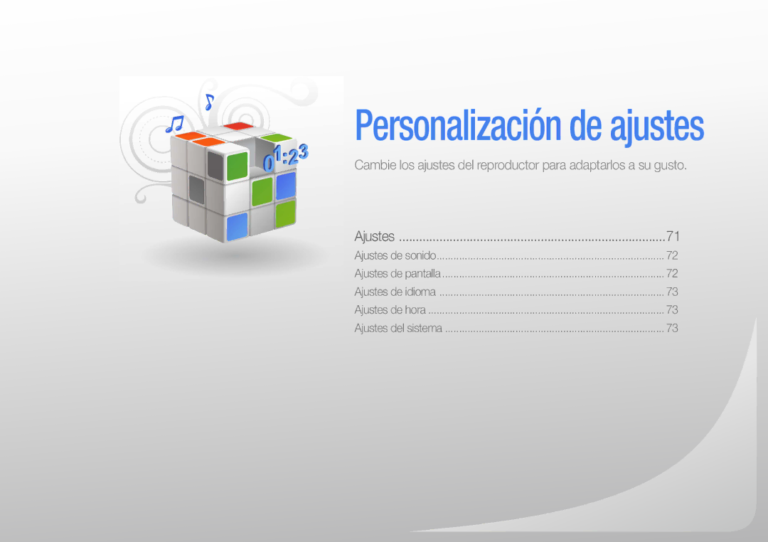 Samsung YP-R1JEB/EDC, YP-R1JCB/EDC, YP-R1JEP/EDC, YP-R1JES/XEF, YP-R1JCP/EDC manual Personalización de ajustes 