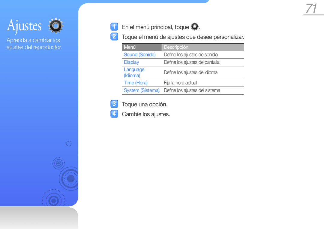 Samsung YP-R1JES/XEF manual Ajustes, Toque una opción Cambie los ajustes, Aprenda a cambiar los ajustes del reproductor 