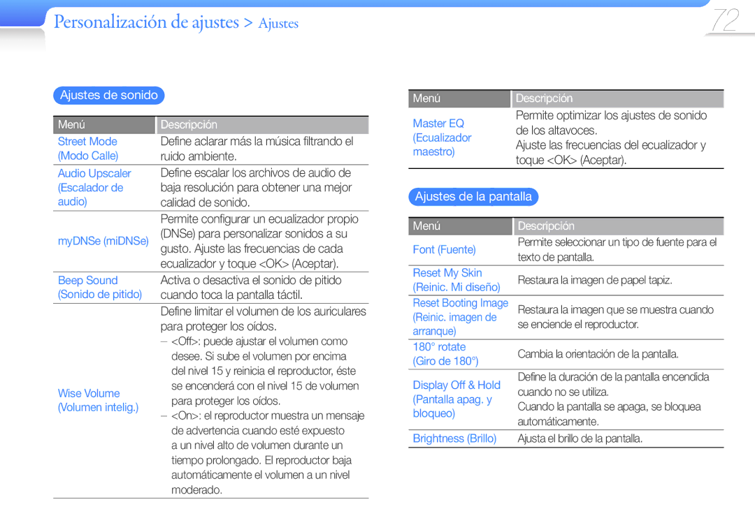 Samsung YP-R1JCP/EDC, YP-R1JCB/EDC, YP-R1JEP/EDC, YP-R1JEB/EDC manual Personalización de ajustes Ajustes, Ajustes de sonido 