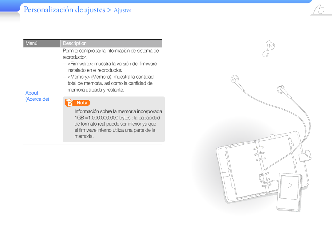 Samsung YP-R1JEB/EDC, YP-R1JCB/EDC, YP-R1JEP/EDC, YP-R1JES/XEF, YP-R1JCP/EDC manual About Acerca de 