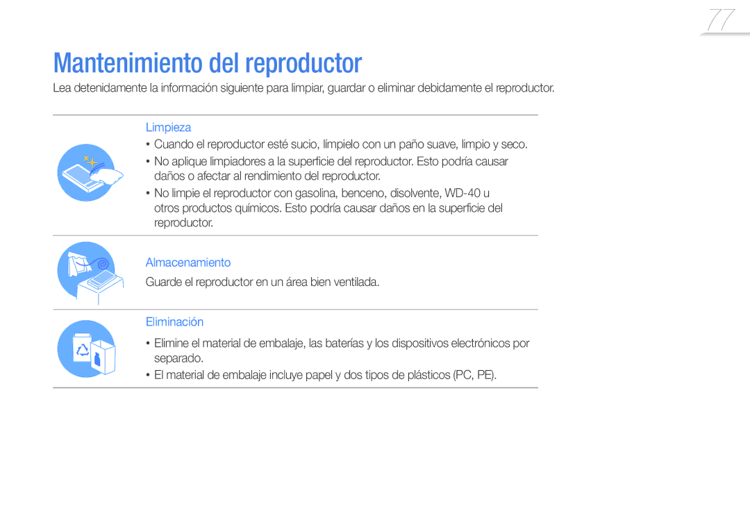 Samsung YP-R1JCP/EDC, YP-R1JCB/EDC manual Mantenimiento del reproductor, Guarde el reproductor en un área bien ventilada 