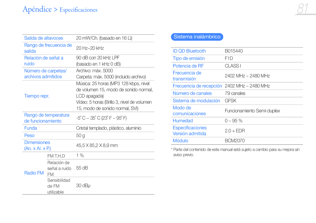 Samsung YP-R1JES/XEF, YP-R1JCB/EDC, YP-R1JEP/EDC, YP-R1JEB/EDC, YP-R1JCP/EDC manual Sistema inalámbrico 