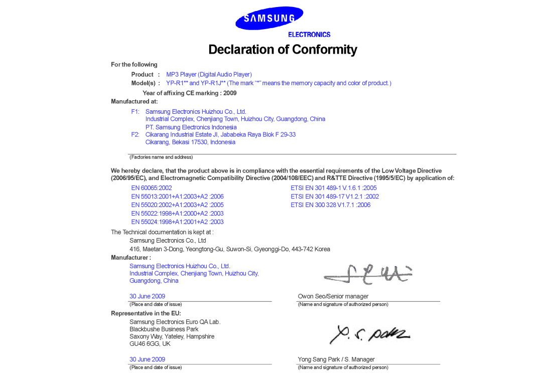 Samsung YP-R1JEB/EDC, YP-R1JCB/EDC, YP-R1JEP/EDC, YP-R1JES/XEF, YP-R1JCP/EDC manual Declaration of Conformity 