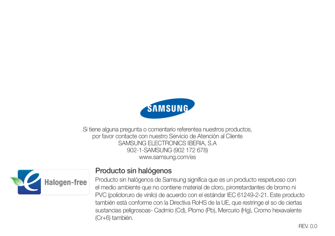 Samsung YP-R1JES/XEF, YP-R1JCB/EDC, YP-R1JEP/EDC, YP-R1JEB/EDC, YP-R1JCP/EDC manual Producto sin halógenos, Samsung 902 172 