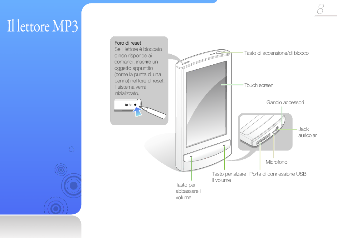 Samsung YP-R1JCB/EDC, YP-R1JEP/EDC, YP-R1JES/EDC, YP-R1JEB/EDC, YP-R1JCS/EDC manual Il lettore MP3, Foro di reset 