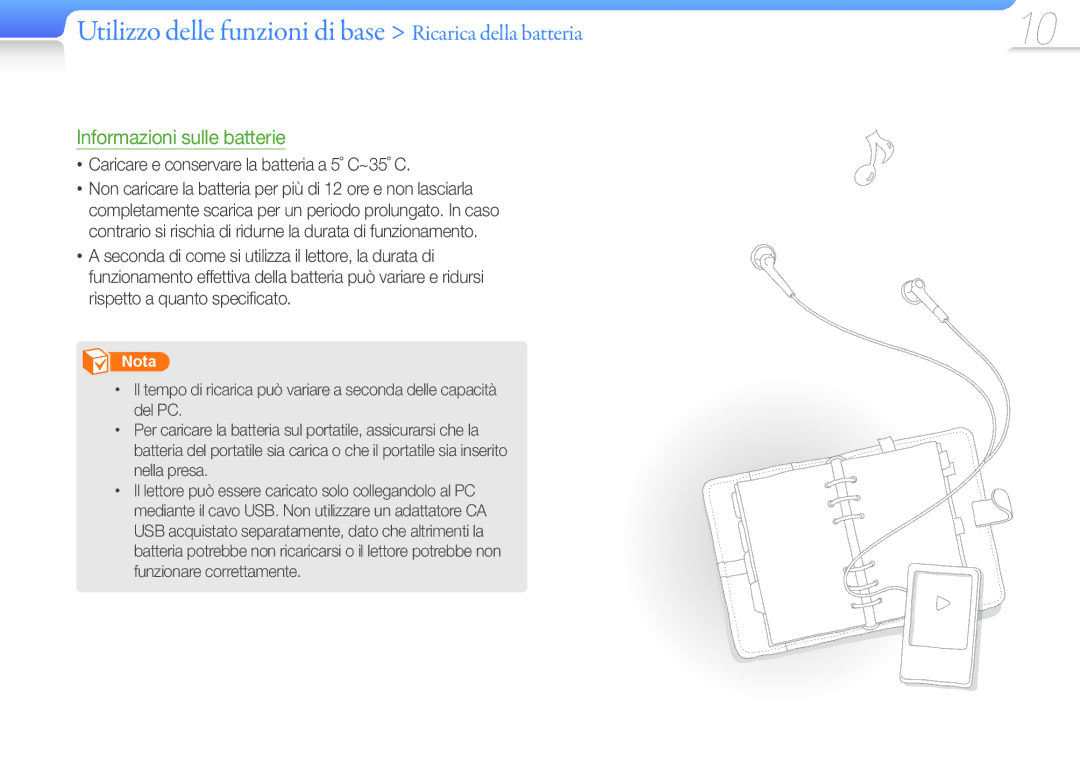 Samsung YP-R1JES/EDC, YP-R1JCB/EDC, YP-R1JEP/EDC, YP-R1JEB/EDC manual Utilizzo delle funzioni di base Ricarica della batteria 