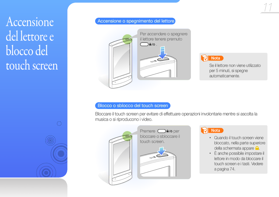 Samsung YP-R1JEB/EDC, YP-R1JCB/EDC, YP-R1JEP/EDC Accensione o spegnimento del lettore, Blocco o sblocco del touch screen 