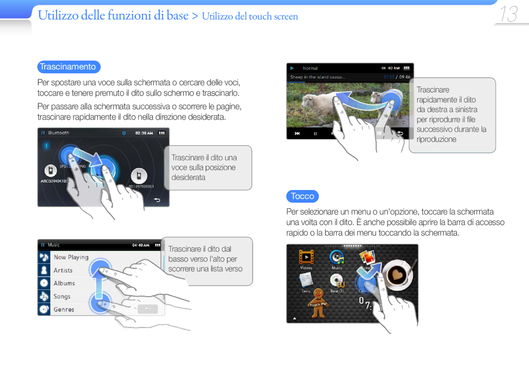 Samsung YP-R1JCB/EDC, YP-R1JEP/EDC manual Utilizzo delle funzioni di base Utilizzo del touch screen, Trascinamento, Tocco 