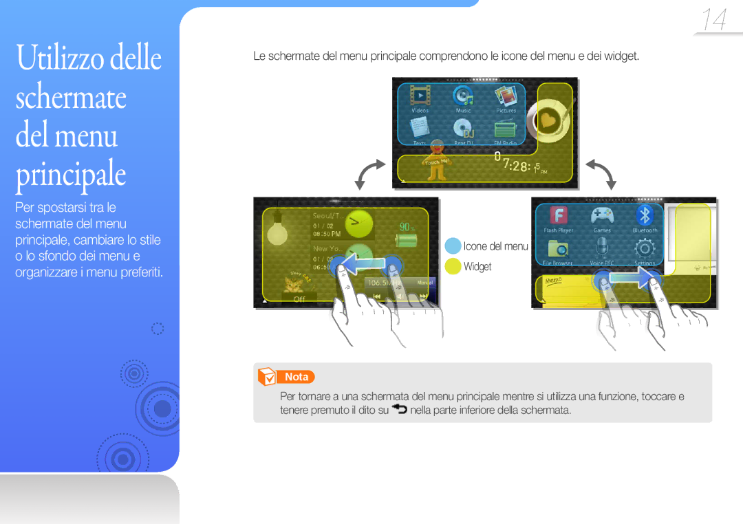 Samsung YP-R1JEP/EDC, YP-R1JCB/EDC, YP-R1JES/EDC manual Utilizzo delle schermate del menu principale, Icone del menu Widget 