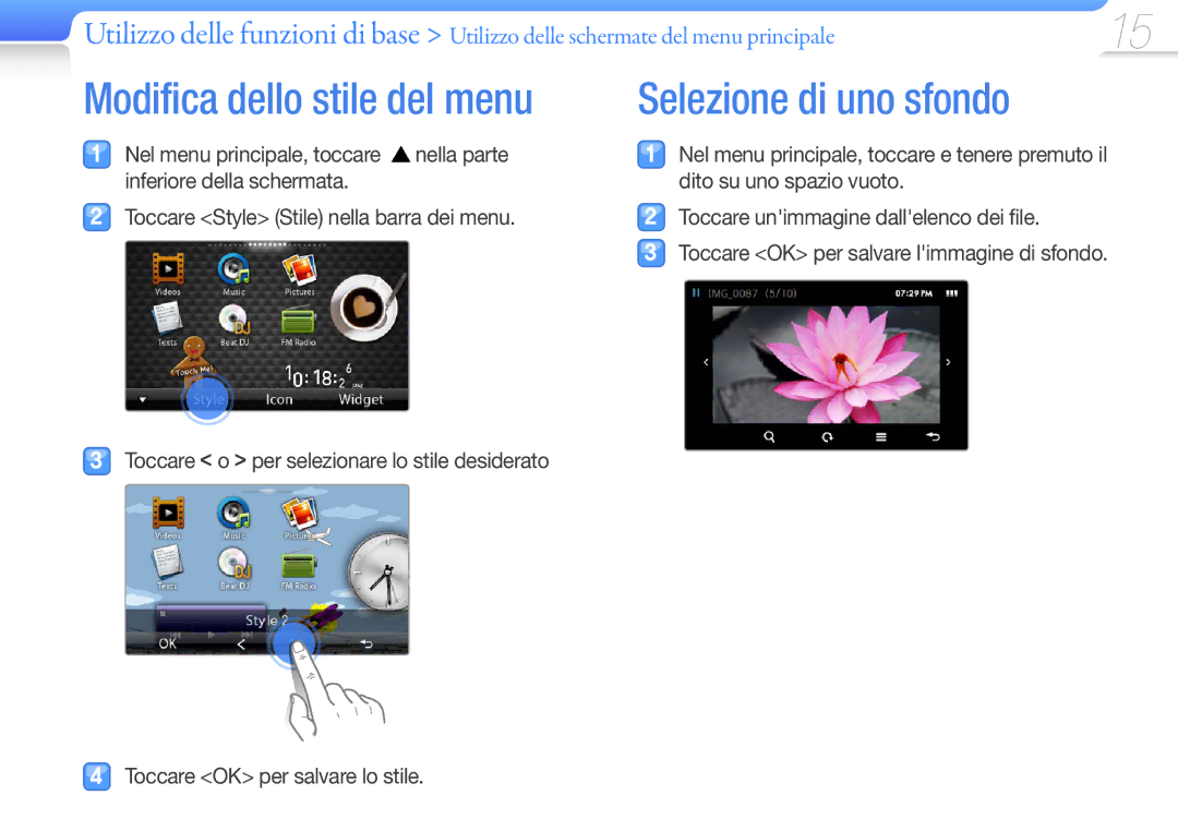 Samsung YP-R1JES/EDC, YP-R1JCB/EDC, YP-R1JEP/EDC, YP-R1JEB/EDC manual Selezione di uno sfondo, Modifica dello stile del menu 