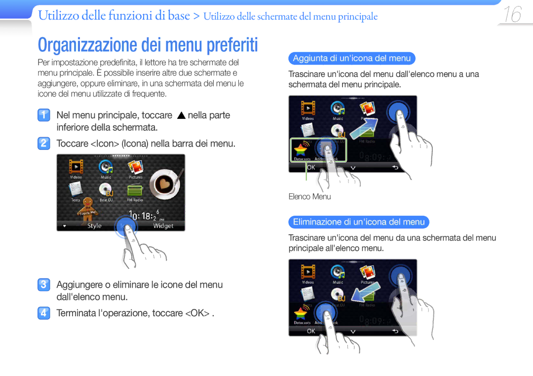 Samsung YP-R1JEB/EDC, YP-R1JCB/EDC manual Aggiunta di unicona del menu, Eliminazione di unicona del menu, Elenco Menu 