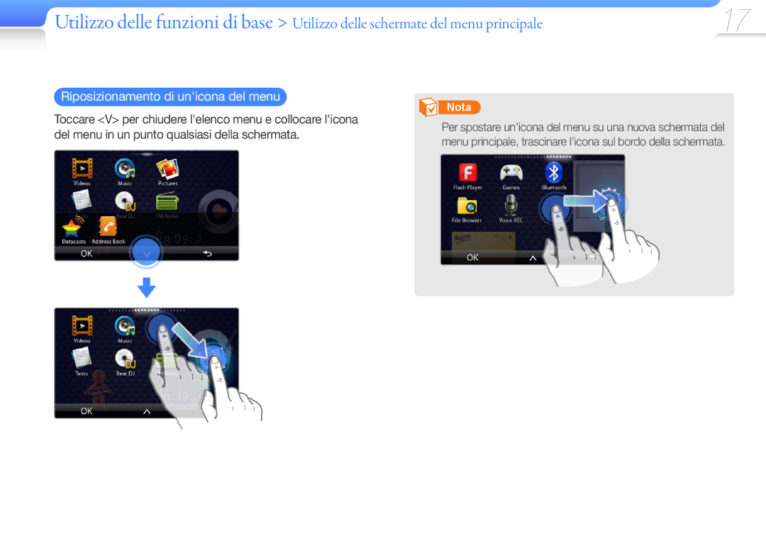 Samsung YP-R1JCS/EDC, YP-R1JCB/EDC, YP-R1JEP/EDC, YP-R1JES/EDC, YP-R1JEB/EDC manual Riposizionamento di unicona del menu 