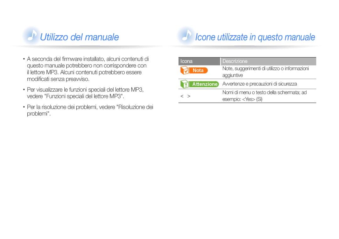 Samsung YP-R1JES/EDC, YP-R1JCB/EDC manual Descrizione, Aggiuntive, Avvertenze e precauzioni di sicurezza, Esempio Yes Sì 