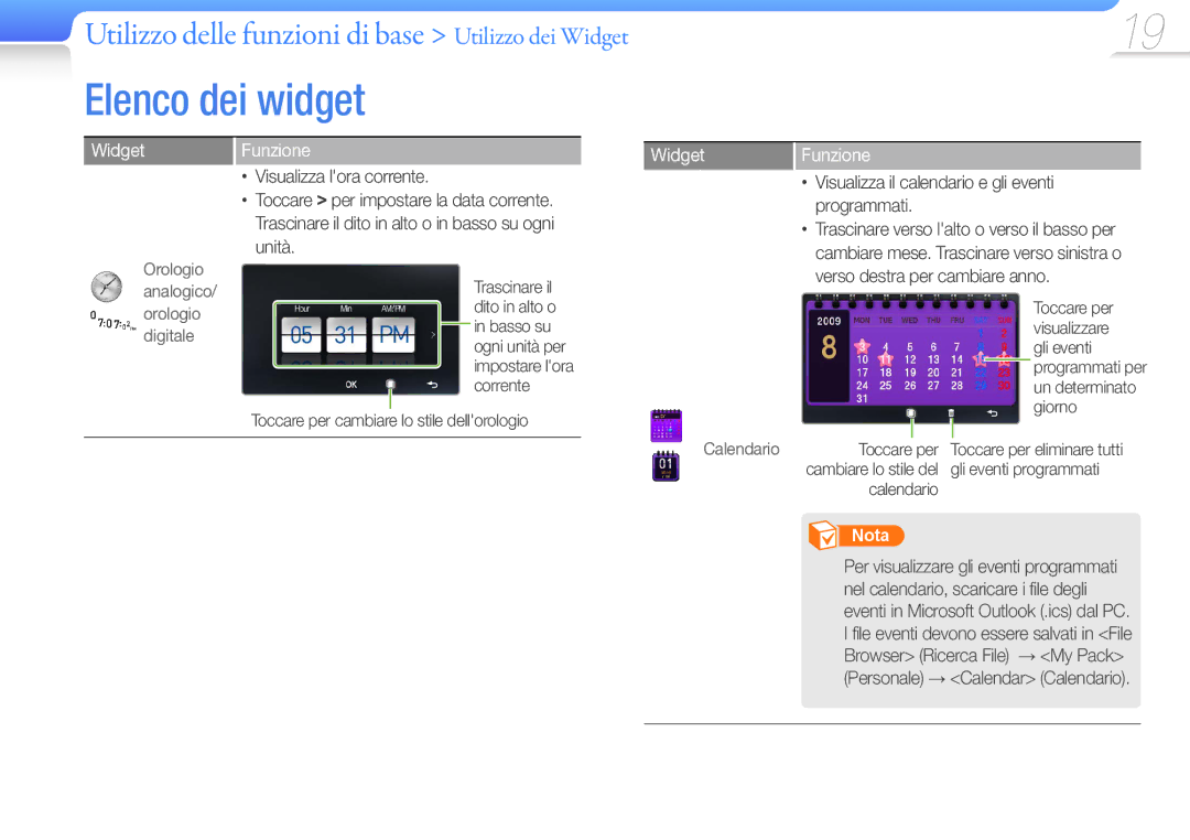 Samsung YP-R1JEP/EDC, YP-R1JCB/EDC manual Elenco dei widget, Utilizzo delle funzioni di base Utilizzo dei Widget, Funzione 