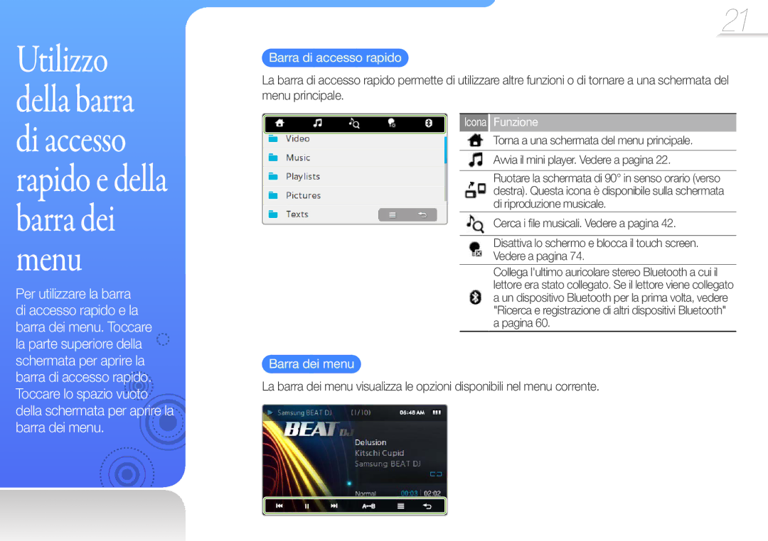 Samsung YP-R1JEB/EDC, YP-R1JCB/EDC, YP-R1JEP/EDC, YP-R1JES/EDC, YP-R1JCS/EDC manual Barra dei menu, Icona Funzione 