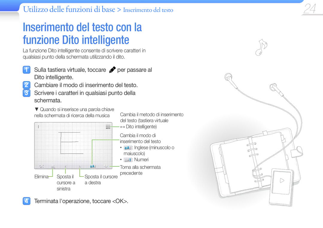 Samsung YP-R1JEP/EDC manual Utilizzo delle funzioni di base Inserimento del testo, Sposta il, Cursore a Destra Sinistra 