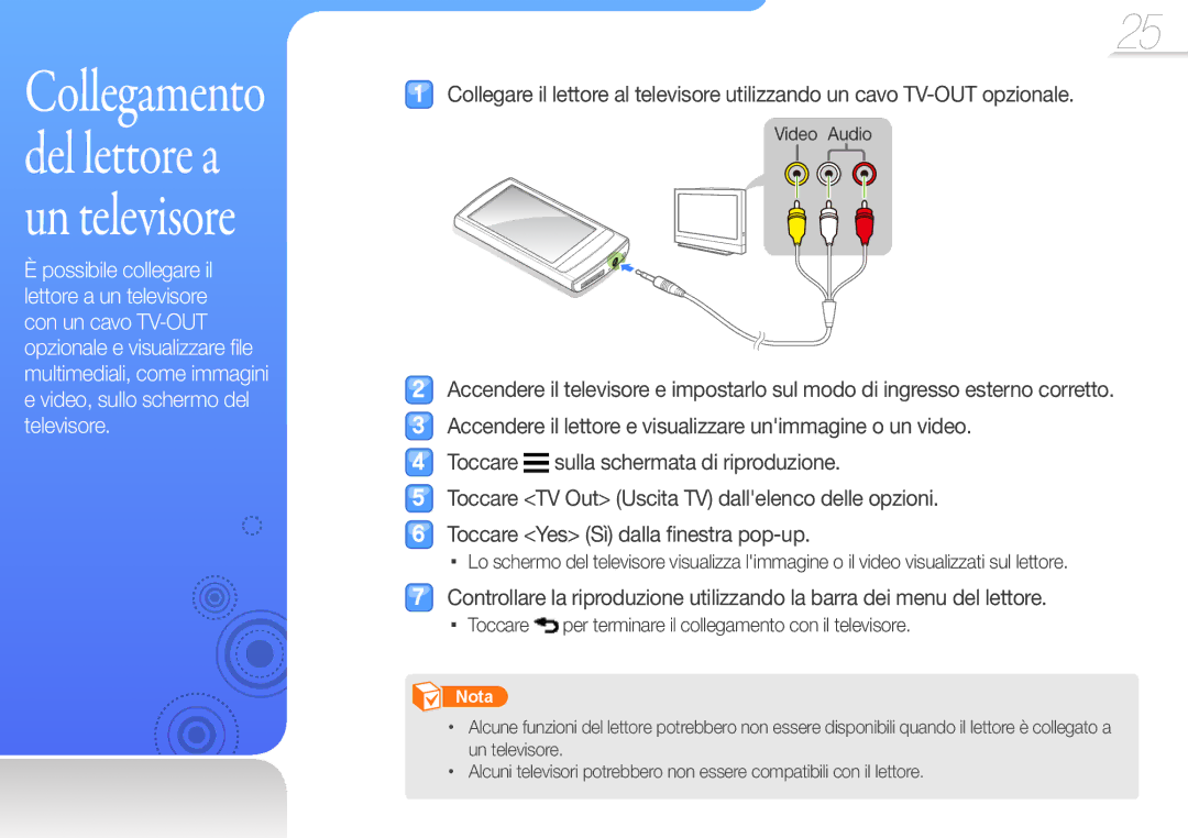 Samsung YP-R1JES/EDC, YP-R1JCB/EDC, YP-R1JEP/EDC manual Toccare per terminare il collegamento con il televisore, Video Audio 