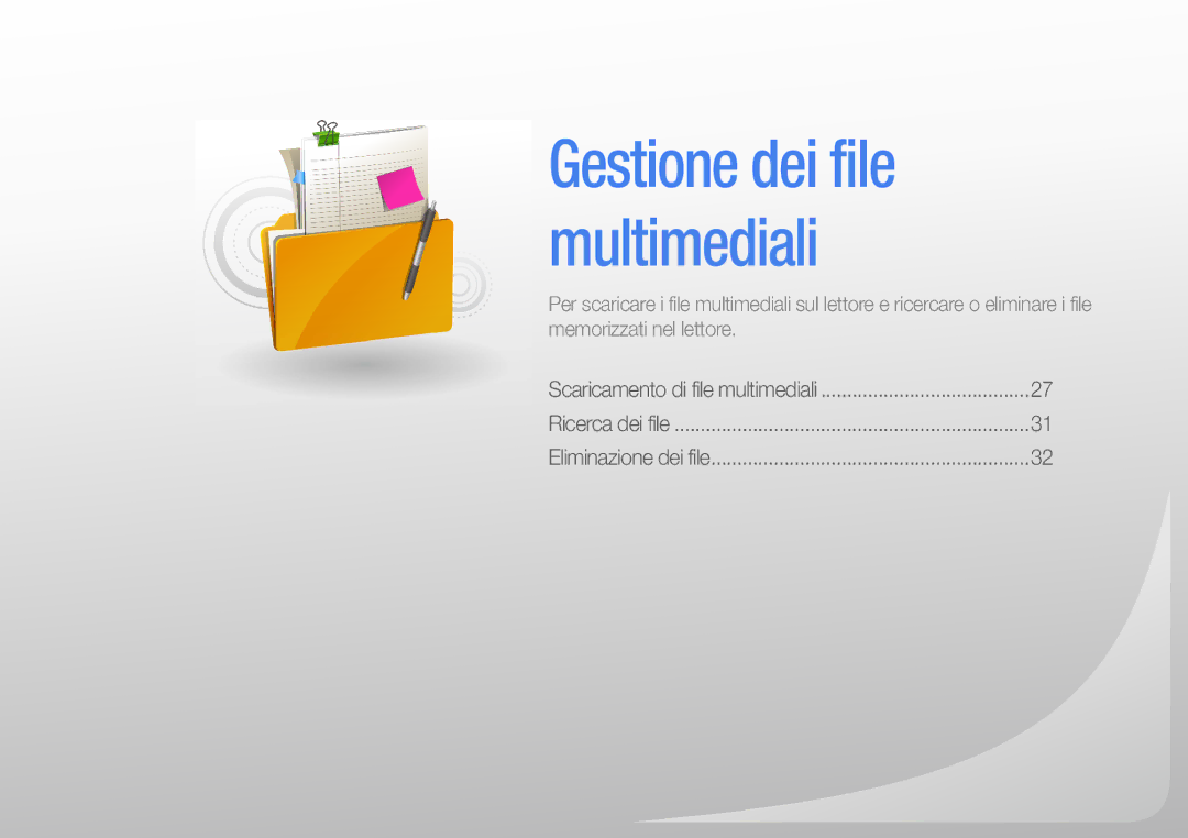 Samsung YP-R1JEB/EDC, YP-R1JCB/EDC, YP-R1JEP/EDC, YP-R1JES/EDC, YP-R1JCS/EDC manual Gestione dei file multimediali 