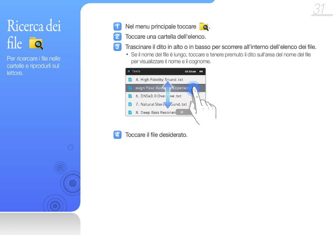 Samsung YP-R1JEB/EDC, YP-R1JCB/EDC Nel menu principale toccare Toccare una cartella dellelenco, Toccare il file desiderato 