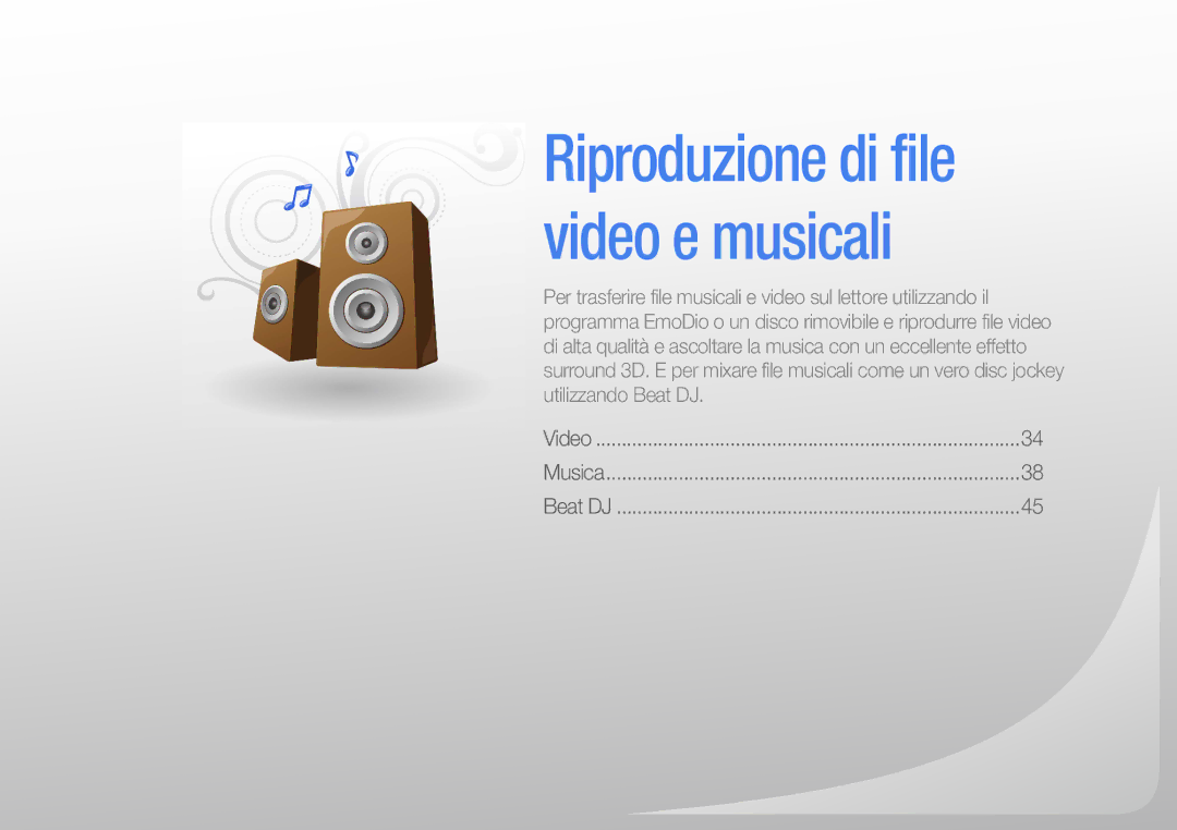 Samsung YP-R1JCB/EDC, YP-R1JEP/EDC, YP-R1JES/EDC, YP-R1JEB/EDC, YP-R1JCS/EDC manual Riproduzione di file video e musicali 