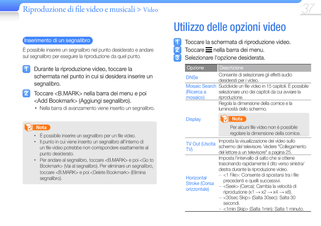 Samsung YP-R1JCS/EDC, YP-R1JCB/EDC manual Utilizzo delle opzioni video, Inserimento di un segnalibro, Opzione Descrizione 