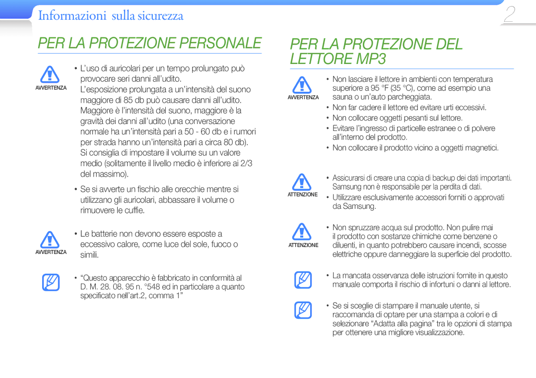 Samsung YP-R1JCS/EDC manual Informazioni sulla sicurezza, Da Samsung Non spruzzare acqua sul prodotto. Non pulire mai 