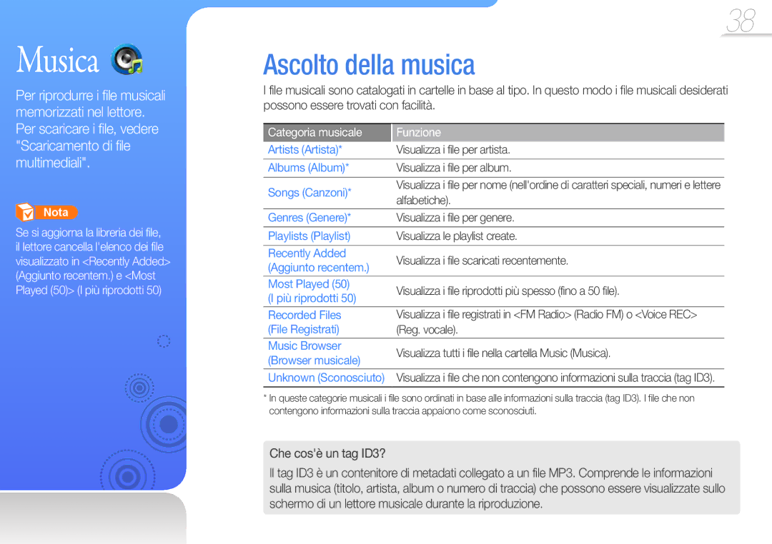 Samsung YP-R1JCB/EDC, YP-R1JEP/EDC manual Musica, Ascolto della musica, Che cosè un tag ID3?, Categoria musicale Funzione 