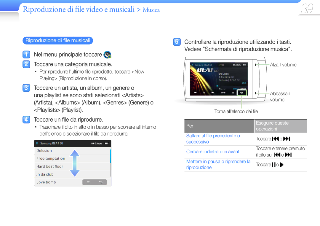 Samsung YP-R1JEP/EDC, YP-R1JCB/EDC manual Riproduzione di file video e musicali Musica, Toccare un file da riprodurre 