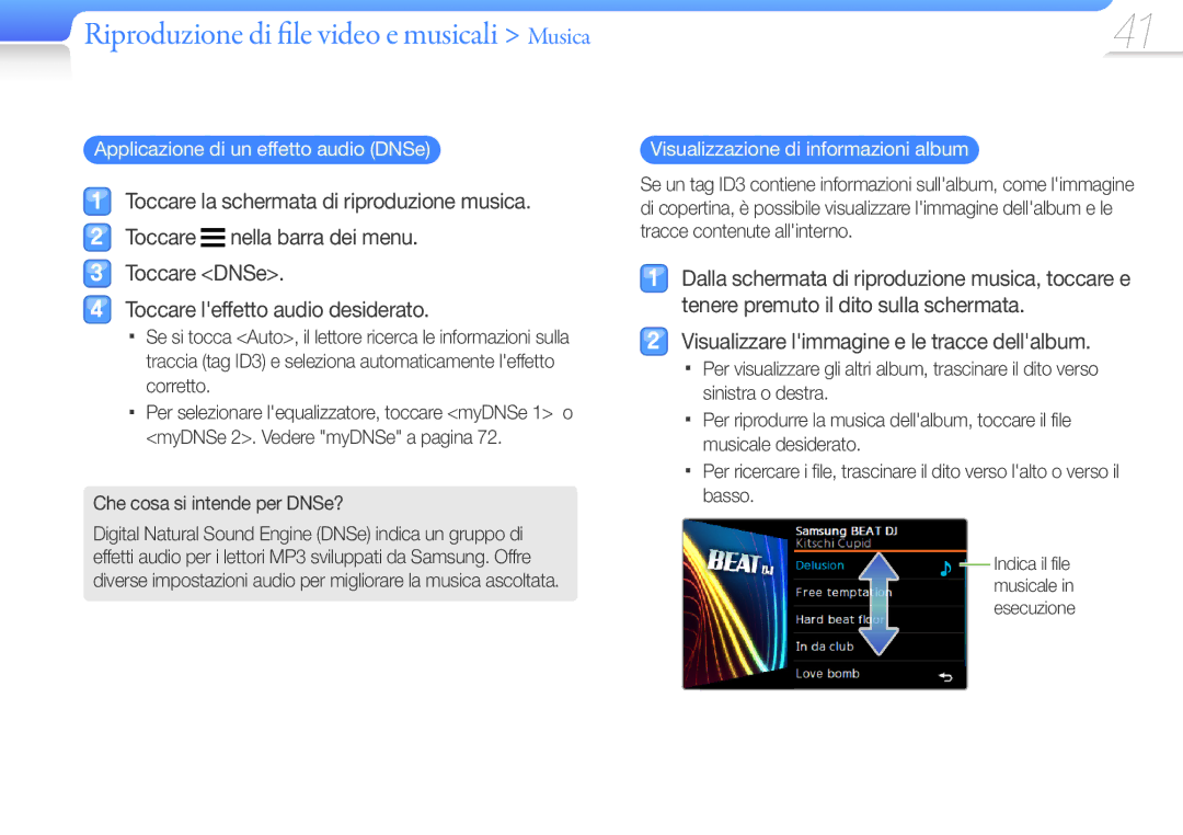 Samsung YP-R1JEB/EDC, YP-R1JCB/EDC Visualizzare limmagine e le tracce dellalbum, Applicazione di un effetto audio DNSe 