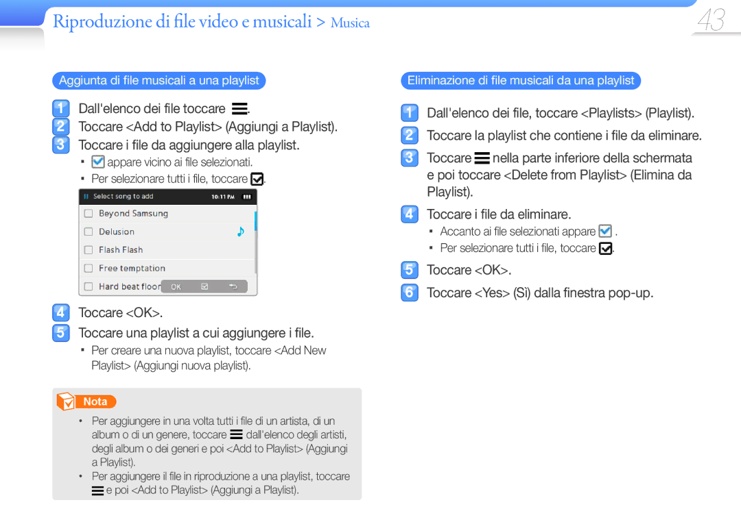 Samsung YP-R1JCB/EDC, YP-R1JEP/EDC Dallelenco dei file toccare, Toccare OK Toccare una playlist a cui aggiungere i file 