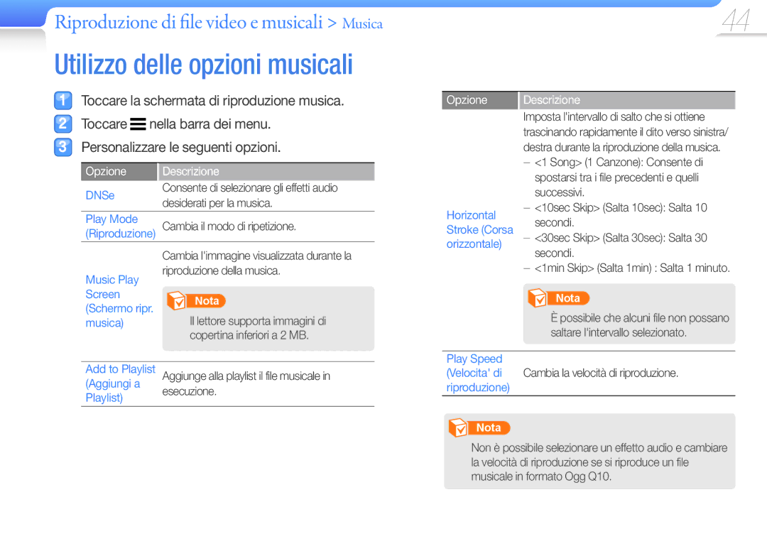 Samsung YP-R1JEP/EDC, YP-R1JCB/EDC, YP-R1JES/EDC, YP-R1JEB/EDC, YP-R1JCS/EDC manual Utilizzo delle opzioni musicali 