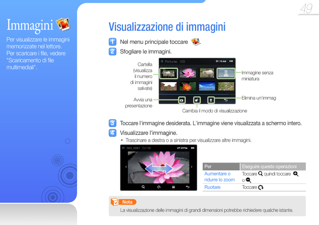 Samsung YP-R1JEP/EDC manual Immagini, Visualizzazione di immagini, Nel menu principale toccare Sfogliare le immagini 