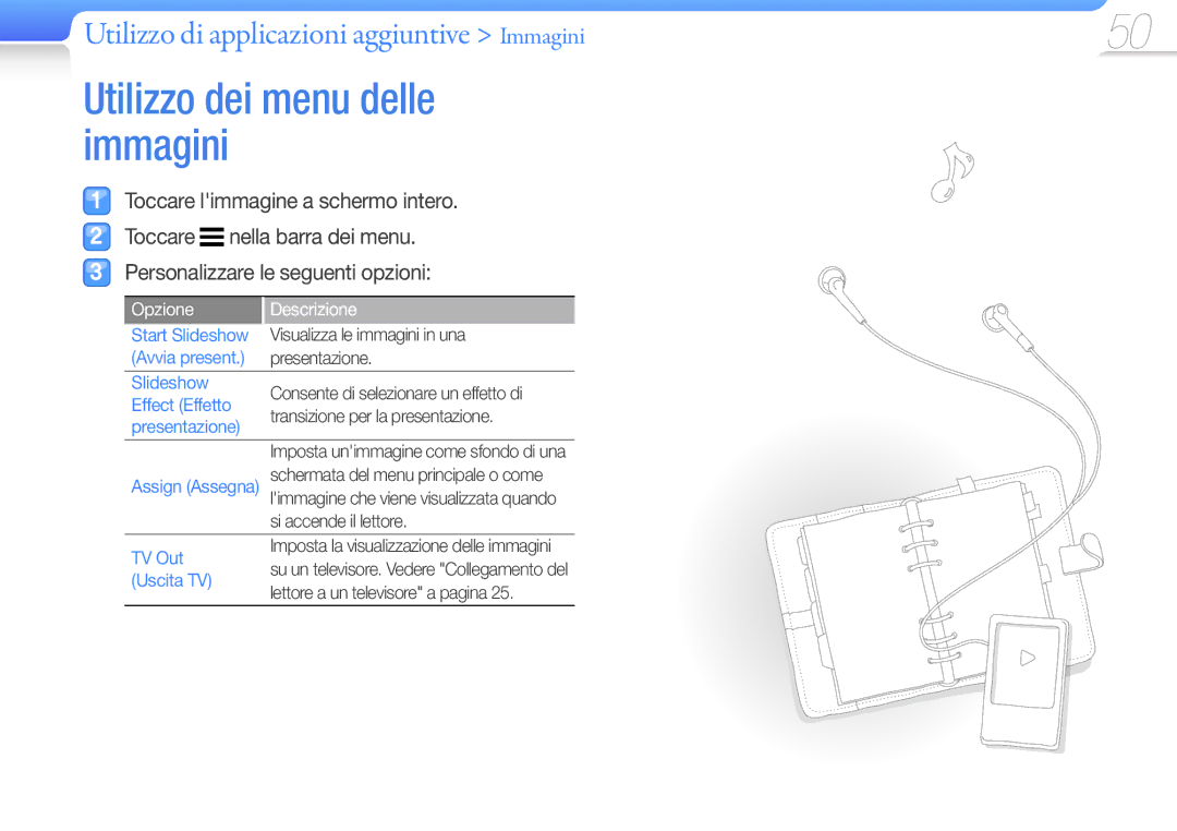 Samsung YP-R1JES/EDC, YP-R1JCB/EDC manual Utilizzo dei menu delle immagini, Utilizzo di applicazioni aggiuntive Immagini 