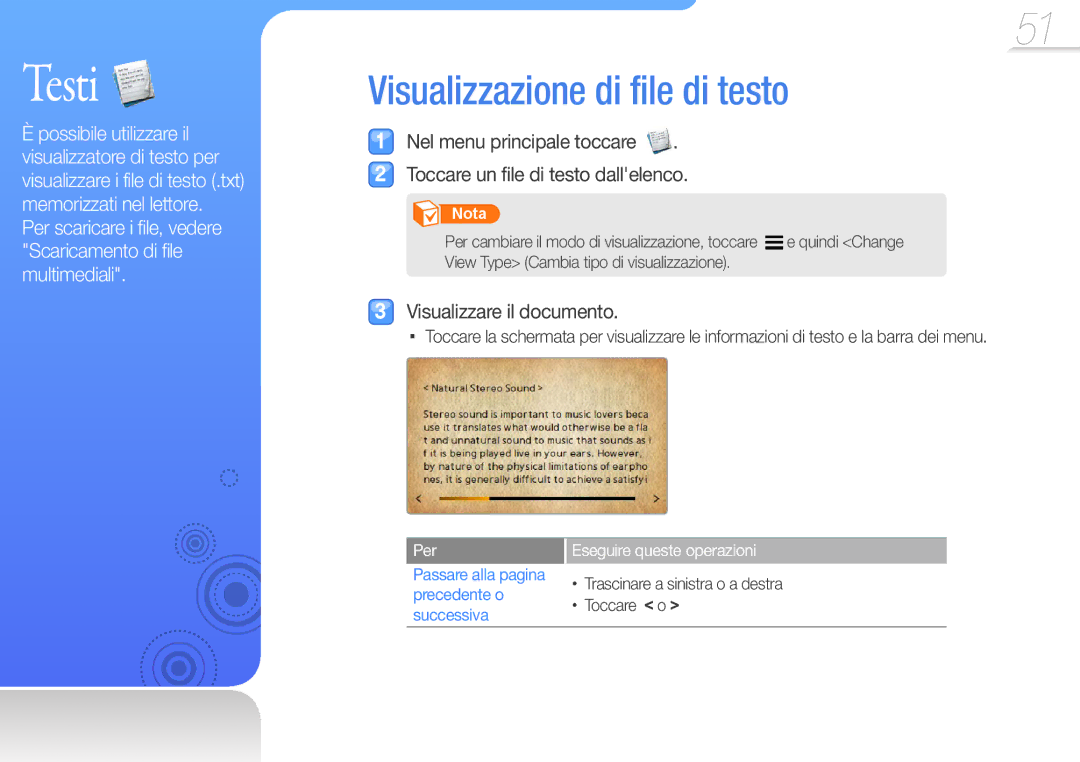 Samsung YP-R1JEB/EDC, YP-R1JCB/EDC, YP-R1JEP/EDC manual Testi, Visualizzazione di file di testo, Visualizzare il documento 