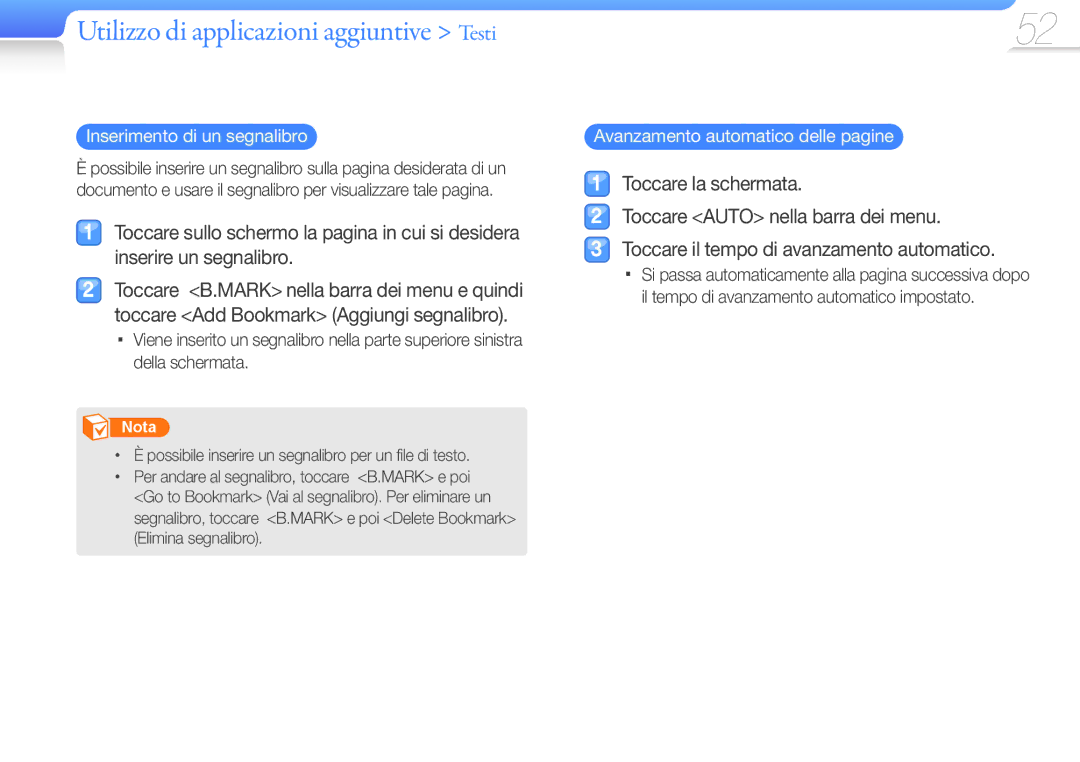 Samsung YP-R1JCS/EDC, YP-R1JCB/EDC manual Utilizzo di applicazioni aggiuntive Testi, Avanzamento automatico delle pagine 