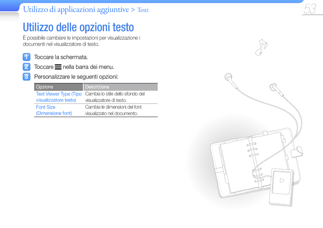 Samsung YP-R1JCB/EDC, YP-R1JEP/EDC manual Utilizzo delle opzioni testo, Visualizzatore testo, Font Size, Dimensione font 