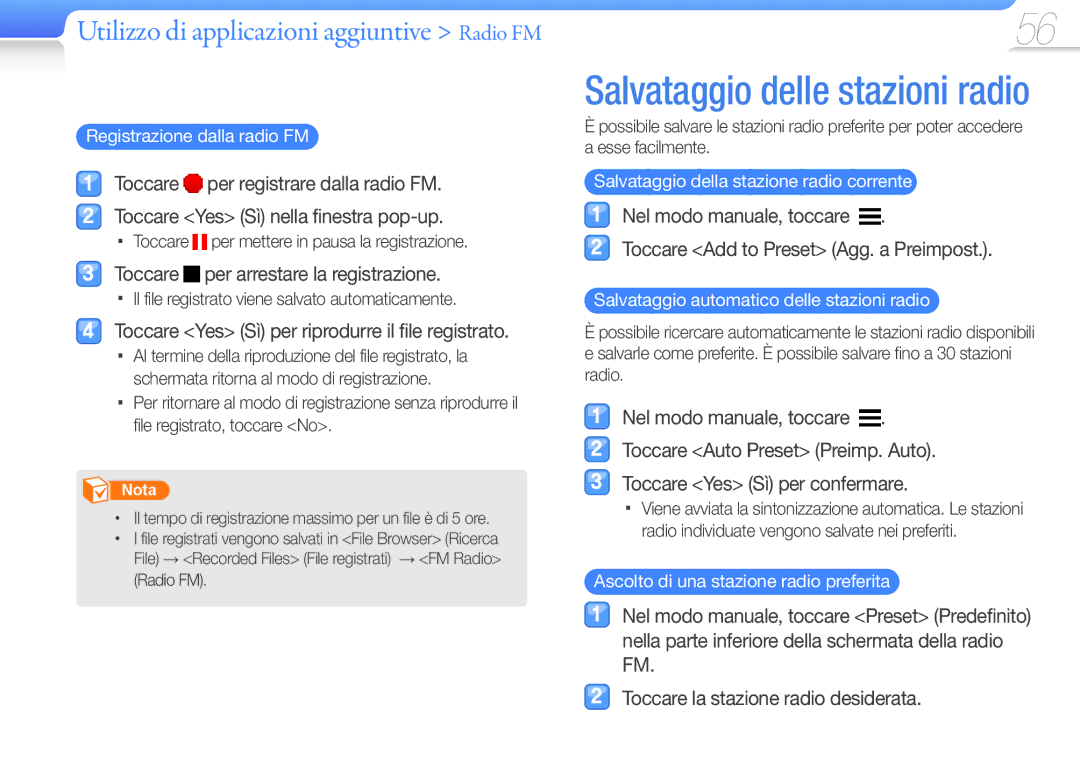 Samsung YP-R1JEB/EDC manual Toccare per arrestare la registrazione, Toccare Yes Sì per riprodurre il file registrato 