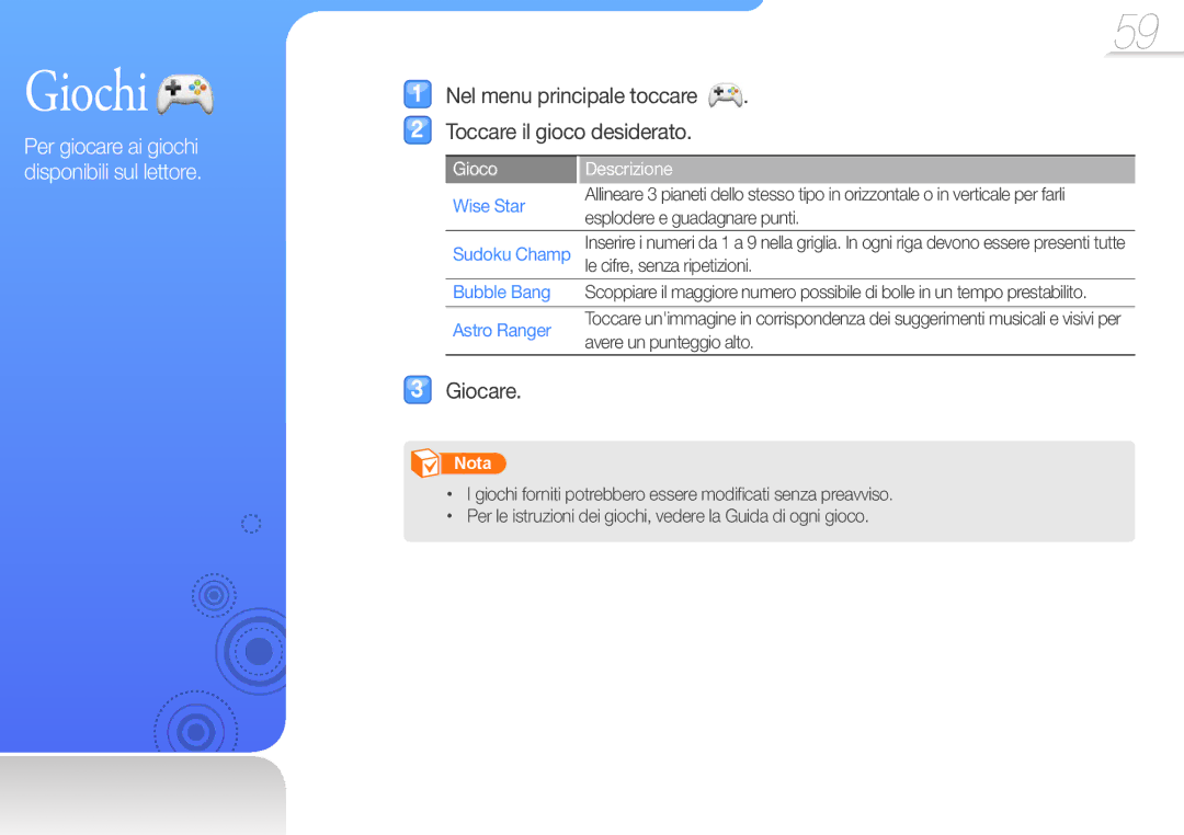 Samsung YP-R1JEP/EDC manual Giochi, Nel menu principale toccare Toccare il gioco desiderato, Giocare, Gioco Descrizione 