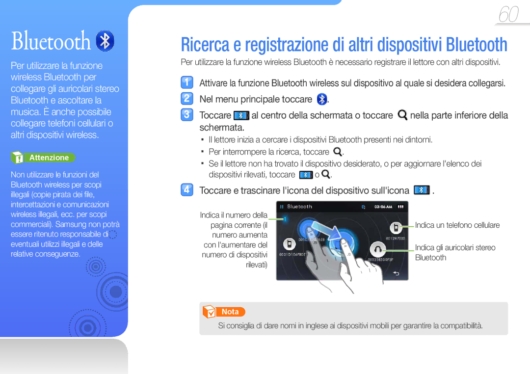 Samsung YP-R1JES/EDC manual Bluetooth, Toccare e trascinare licona del dispositivo sullicona, Numero aumenta, Rilevati 