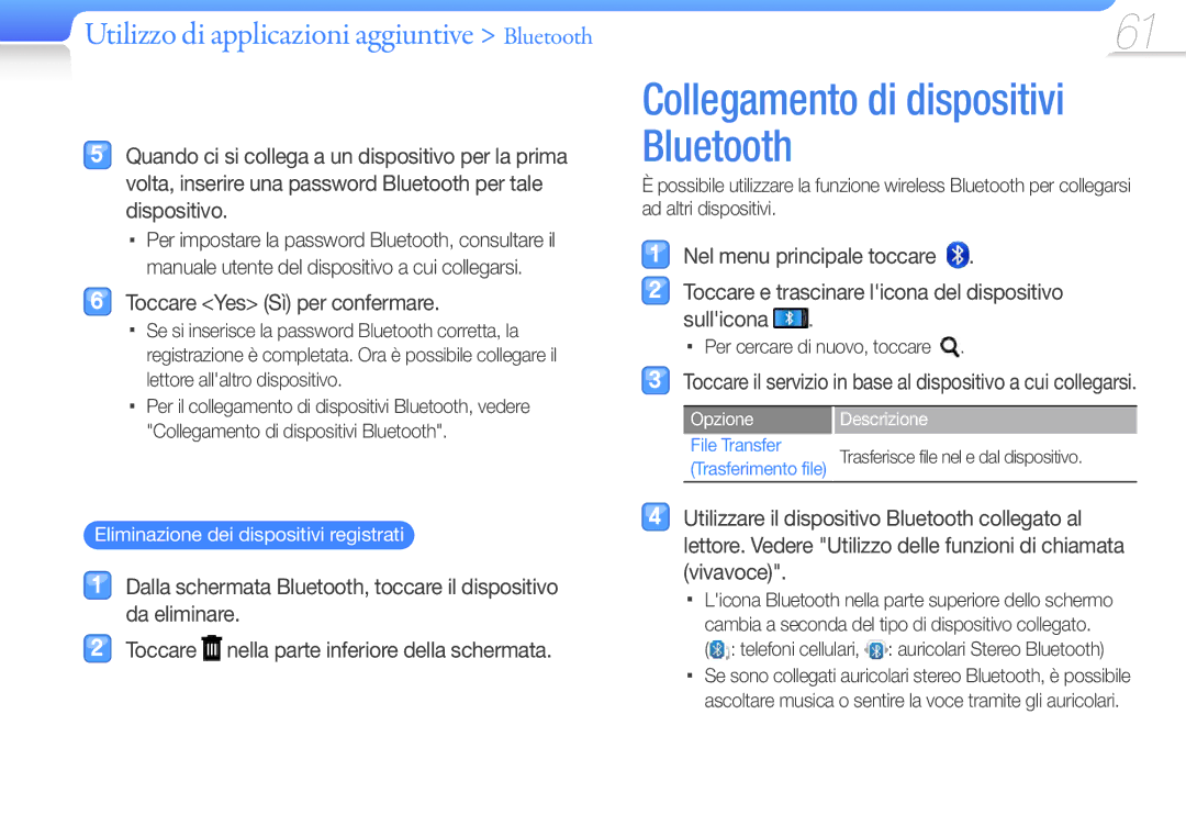 Samsung YP-R1JEB/EDC manual Collegamento di dispositivi Bluetooth, Eliminazione dei dispositivi registrati, File Transfer 