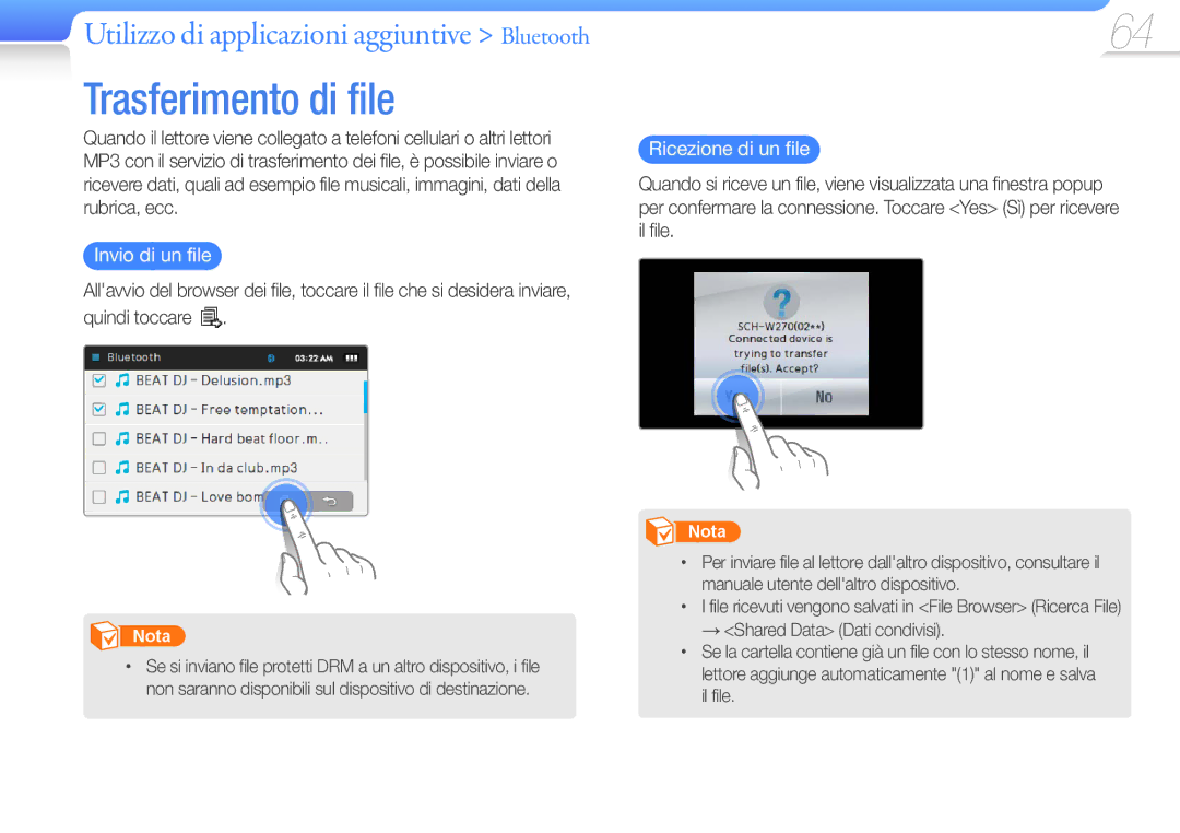 Samsung YP-R1JEP/EDC, YP-R1JCB/EDC, YP-R1JES/EDC, YP-R1JEB/EDC Trasferimento di file, Invio di un file, Ricezione di un file 