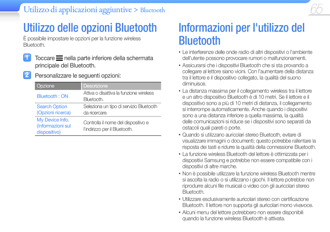 Samsung YP-R1JES/EDC, YP-R1JCB/EDC, YP-R1JEP/EDC, YP-R1JEB/EDC, YP-R1JCS/EDC manual Informazioni per lutilizzo del Bluetooth 