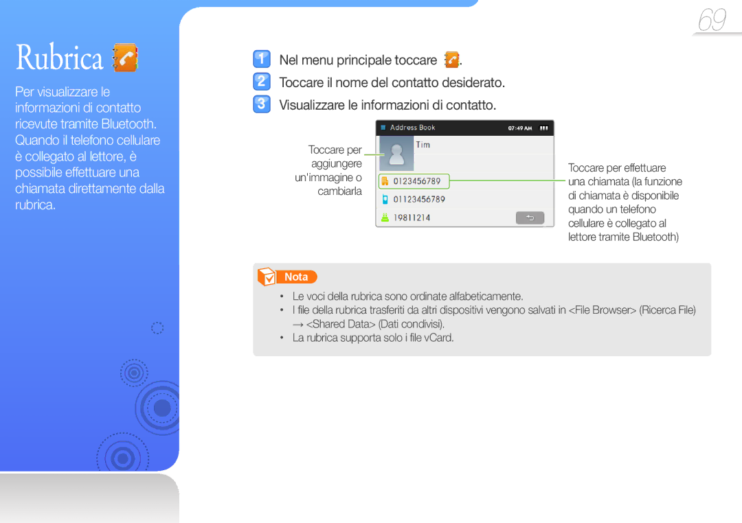 Samsung YP-R1JEP/EDC, YP-R1JCB/EDC, YP-R1JES/EDC, YP-R1JEB/EDC manual Rubrica, Visualizzare le informazioni di contatto 