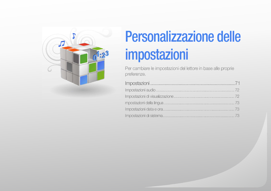 Samsung YP-R1JES/EDC, YP-R1JCB/EDC, YP-R1JEP/EDC, YP-R1JEB/EDC, YP-R1JCS/EDC manual Personalizzazione delle impostazioni 