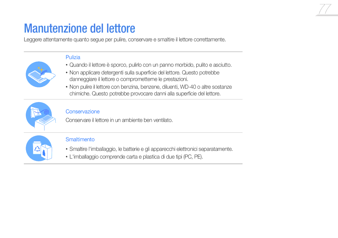 Samsung YP-R1JCS/EDC, YP-R1JCB/EDC manual Manutenzione del lettore, Conservare il lettore in un ambiente ben ventilato 